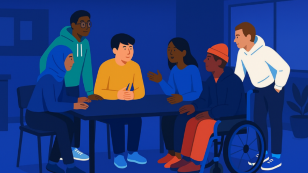 A group of young people sitting around a table deliberating.